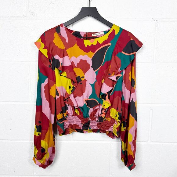 Marine Layer Top Floral Ruffle Smocked Hem Blouse Size Large - Picture 9 of 11
